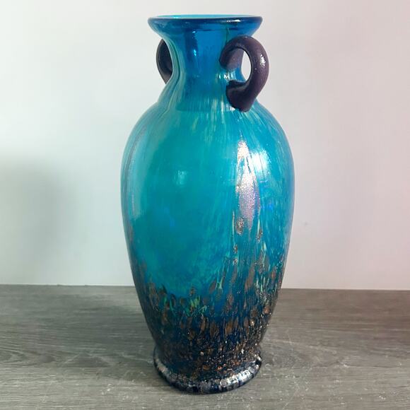 Dale Tiffany Favrile Amphora Art Glass Teal Blue Copper Aventurine 10" Vase EUC - Picture 5 of 10